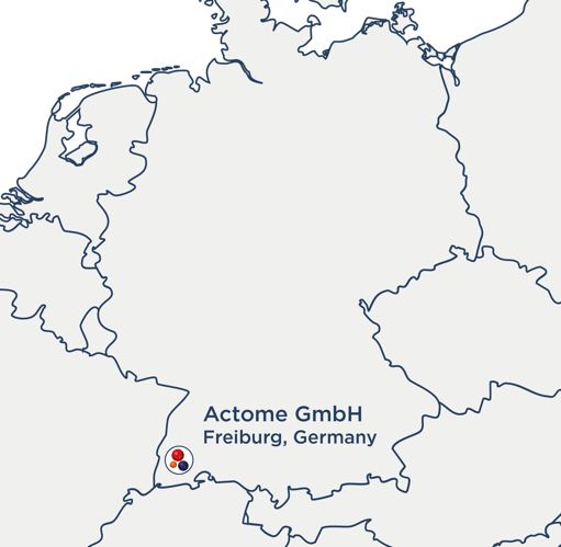 A map of central Europe. Actome is located in Freiburg Germany.